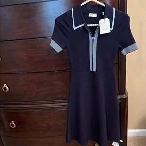Sandro Navy Knit Short Sleeve Dress with Light Blue Trim zipper front.